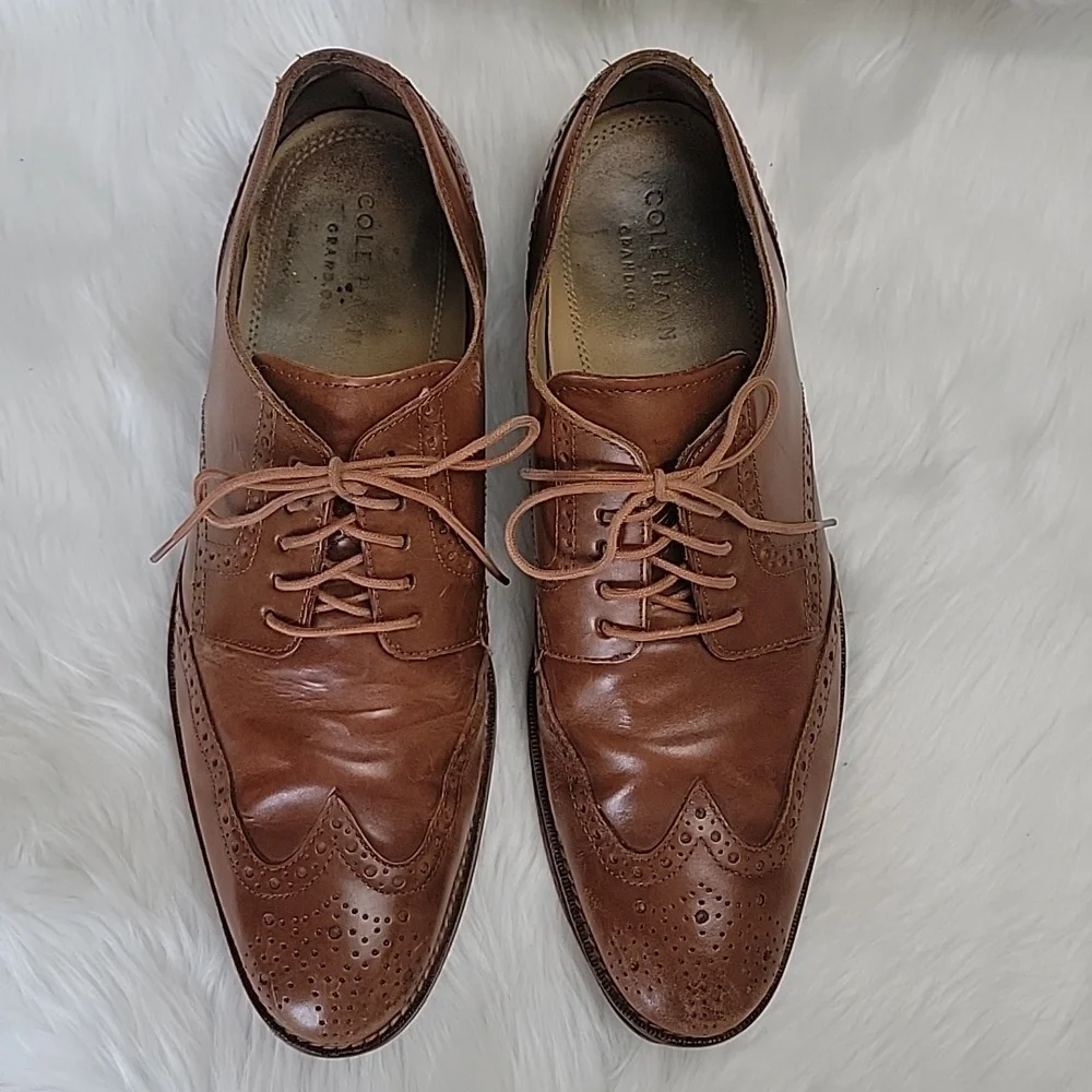 COLE HAAN Grand OS Madison Tan‎ Leather Wingtip Lace Up Oxford Dress Shoes 10